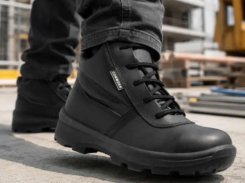 Botines de seguridad negros en una planta industrial