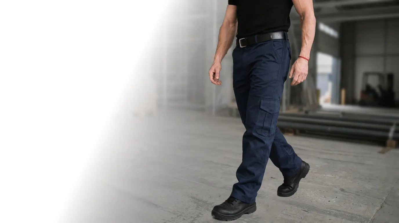 Operario caminando con pantalón cargo Diforza azul marino y botines de seguridad